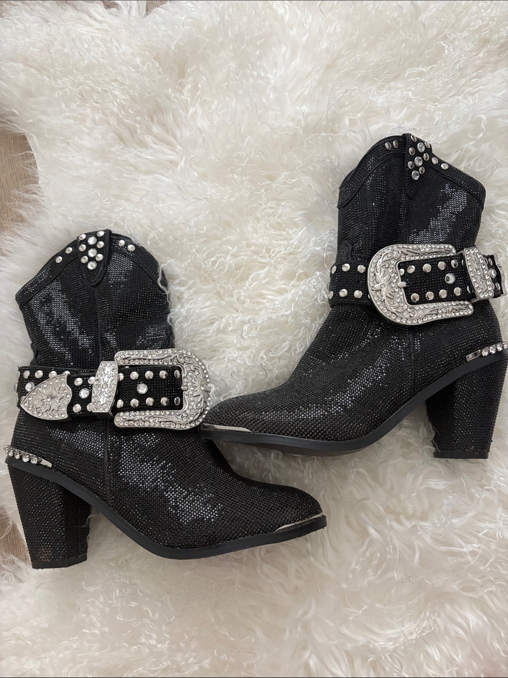 Dolls kill Black Studded Western Ankle Boots with Decorative Buckles